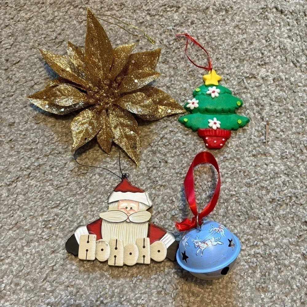Christmas Ornament Bundle Gold Glitter Poinsettia Metal Jingle Ball Santa